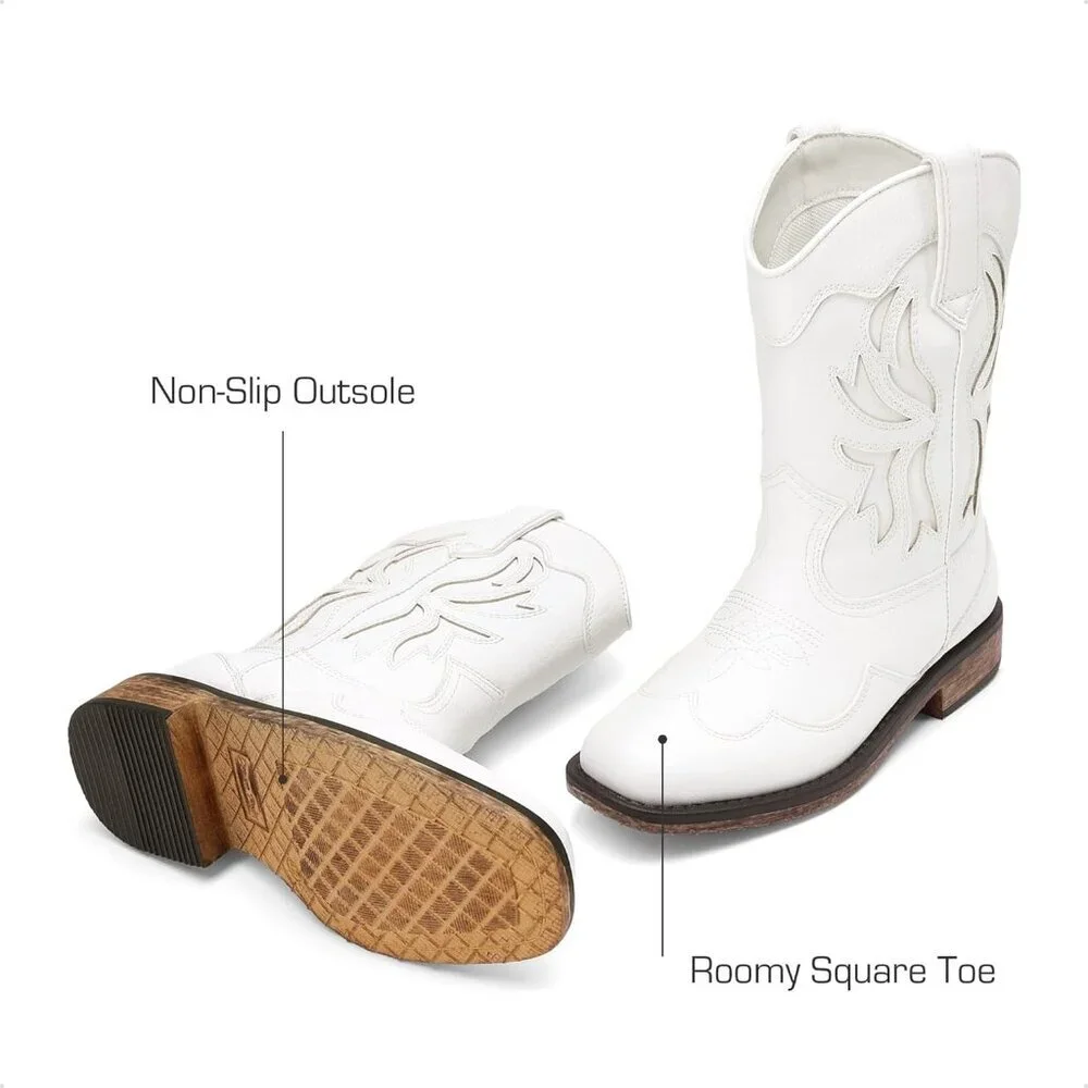 ⚡Girls White Square Toe Mid Calf Cowgirl Boots Western Fashion Riding Shoes